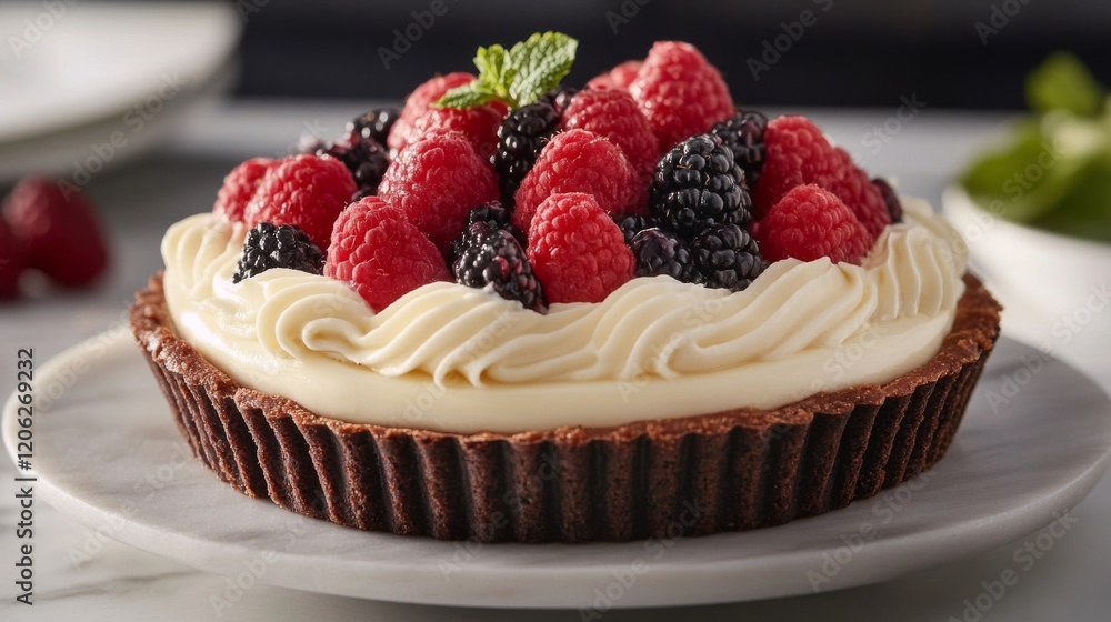 A delicious tart crowned with fresh raspberries and blackberries atop a creamy filling, encased in a chocolate crust, garnished with mint on a elegant platter. A delicious tart crowned with fresh raspberries and blackberries atop a creamy filling, encased in a chocolate crust, garnished with mint on a elegant platter.