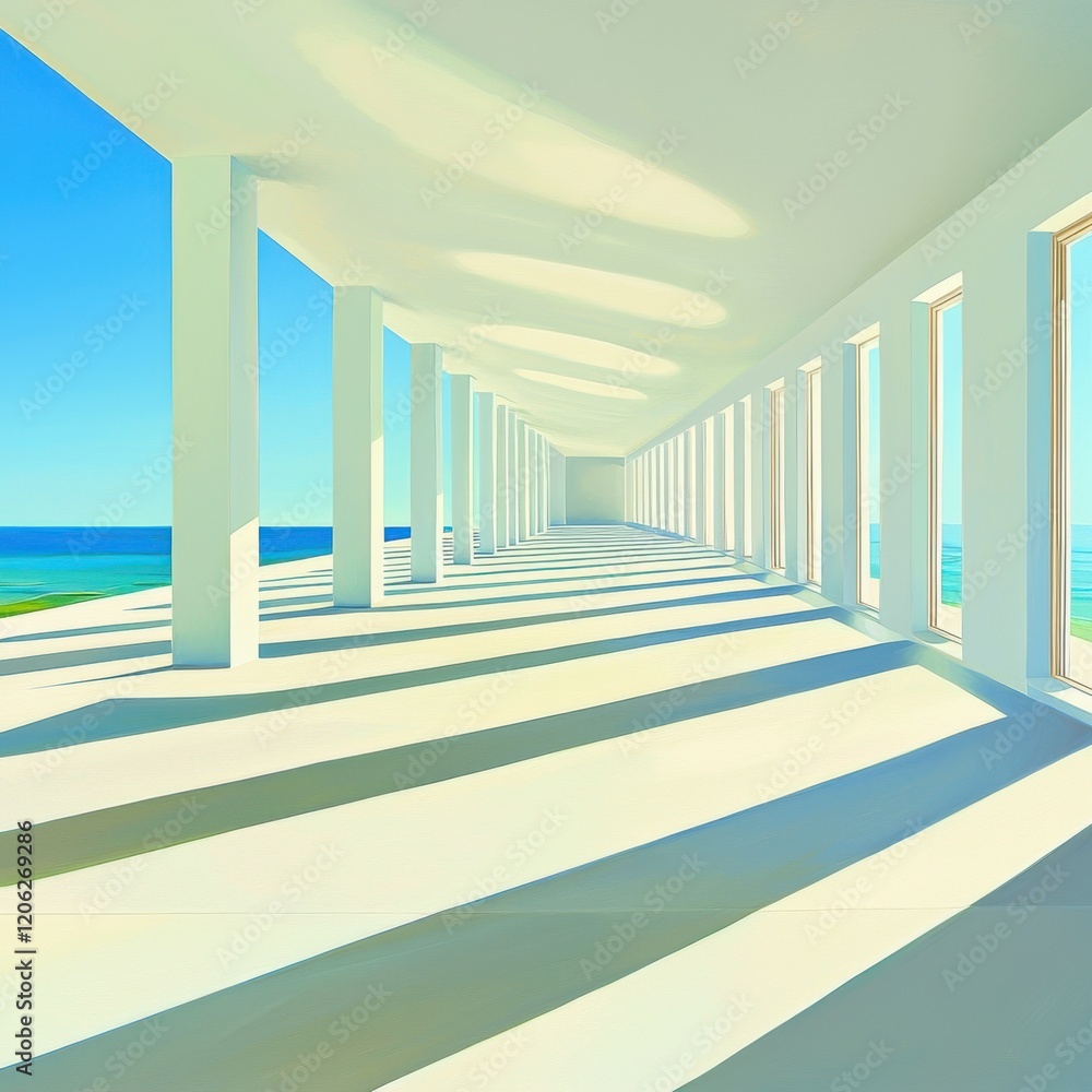 Obraz premium Spacious interior with clean lines and neutral colors ocean view bright daylight wide angle perspective