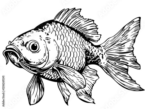 Isolated Hand-Drawn Sketch, Goldfish Illustration with Transparent Background, High-Quality Vector