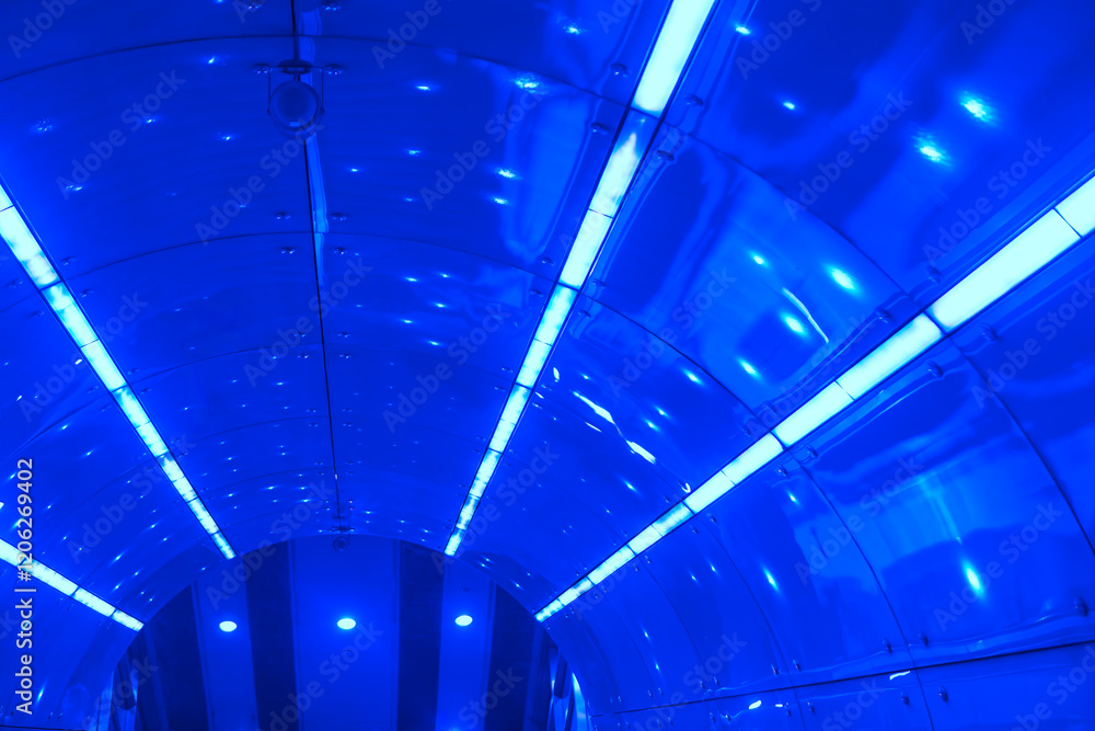 Interior of a tunnel or passageway with a curved ceiling made of reflective, metallic panels. Ceiling is lined with fluorescent lights that create a modern and futuristic appearance