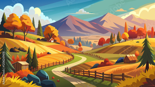 mountainous rural landscape in autumn. fields on rolling hills. fence along the path. trees in colorful foliage. wonderful scenery in afternoon with bright sly.