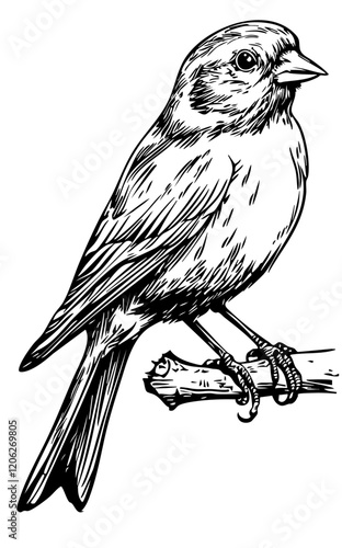 Vintage Hand-Drawn Line Art, Monochrome Sketch of Canary Bird, Clear Background, Vector Illustration