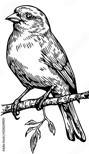 Vintage Hand-Drawn Line Art, Monochrome Sketch of Canary Bird, Clear Background, Vector Illustration