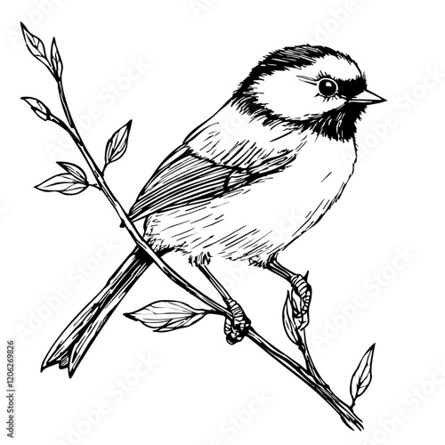 Vintage Hand-Drawn Line Art, Monochrome Sketch of Chickadee, Clear Background, Vector Illustration 