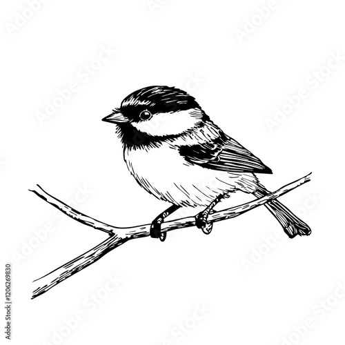 Vintage Hand-Drawn Line Art, Monochrome Sketch of Chickadee, Clear Background, Vector Illustration 