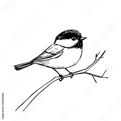 Vintage Hand-Drawn Line Art, Monochrome Sketch of Chickadee, Clear Background, Vector Illustration 