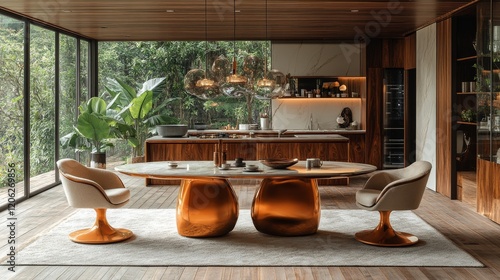 Modern interior design showcasing a cozy living space with unique furniture a...