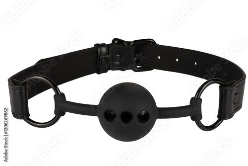Black ball gag with a leather strap, isolated on white background. Cut out. Sex toy for domination game.