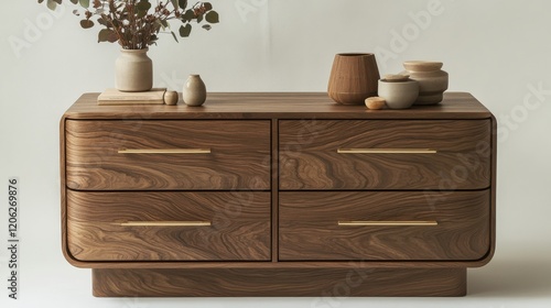 Elegant wooden sideboard with natural decor accents in minimalist interior se...