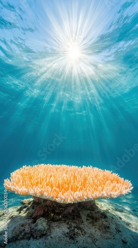 Marine ecosystem thriving with diverse species around coral under bright sunlight inviting angle underwater scene photo