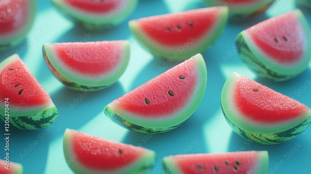 A vibrant image of realistic-looking watermelon slices, capturing the juicy texture and details with exceptional lighting effects that enhance their freshness.