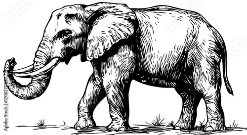 Artistic Monochrome Sketch Illustration, Elephant Detailed Drawing, Isolated with No Background, Vector Graphic 