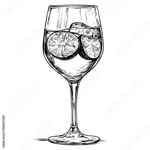 Detailed Hand-Drawn Sketch Illustration, Hand Drawn Illustration of Gin and Water in Wine in Monochrome Art, Transparent Background, Vector File
