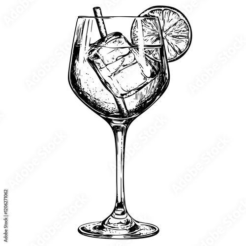 Detailed Hand-Drawn Sketch Illustration, Hand Drawn Illustration of Gin and Water in Wine in Monochrome Art, Transparent Background, Vector File