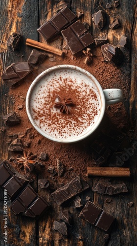 Warm chocolate drink with spices, chocolate pieces, and cinnamon sticks arran...
