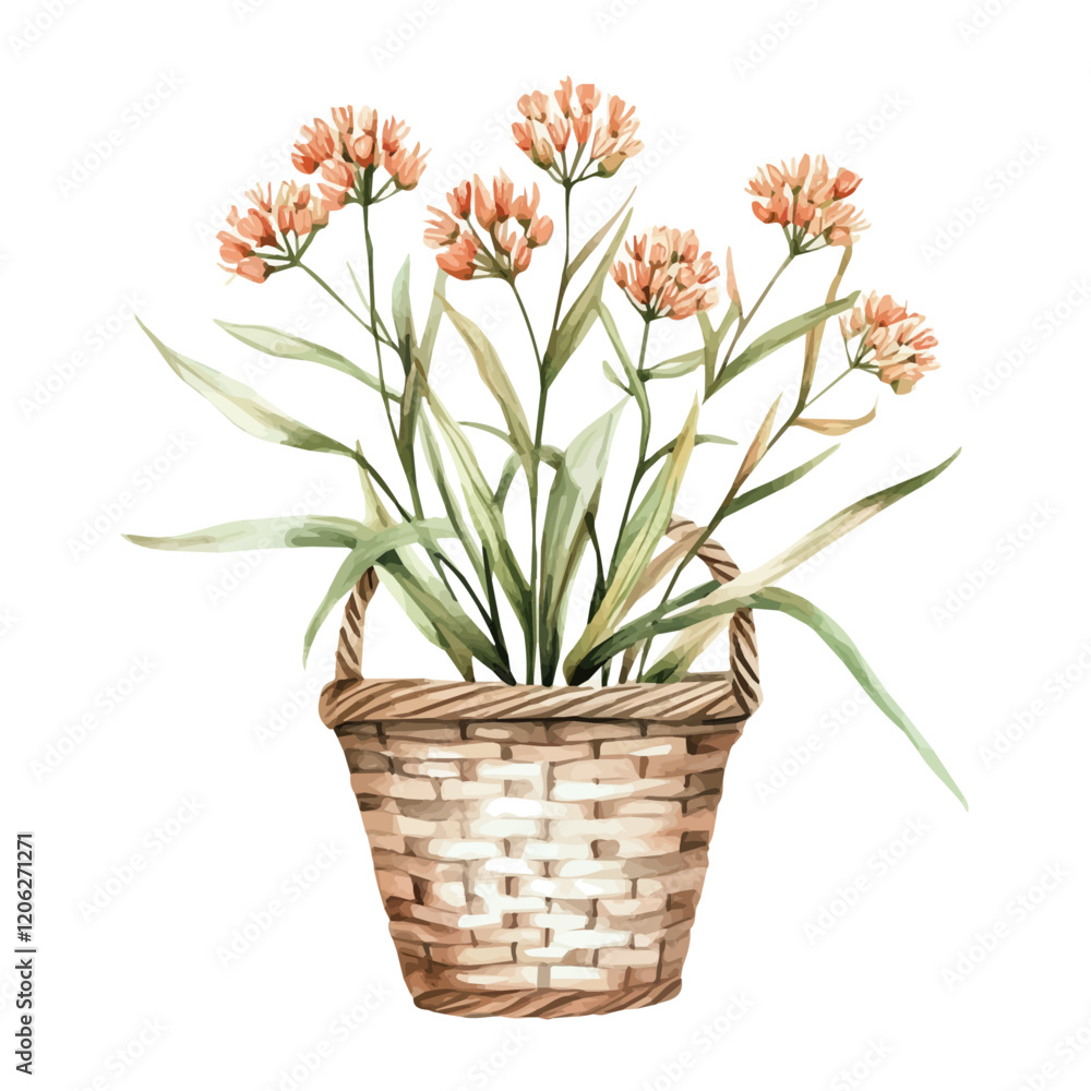 A watercolor painting of a milkweed bouquet in a basket, isolated on a white background. Bouquet vector.
A watercolor painting of a milkweed bouquet in a basket, isolated on a white background. Bouquet vector.