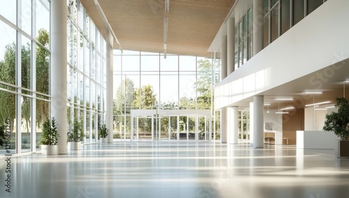 Modern Building Lobby  Sunlit Atrium with Expansive Windows and Lush Greenery
