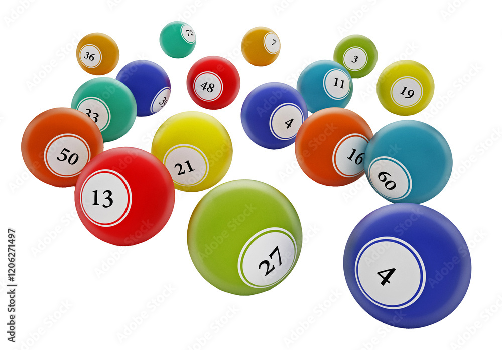 Bingo balls with generic numbers on transparent background. 3D illustration Bingo balls with generic numbers on transparent background. 3D illustration