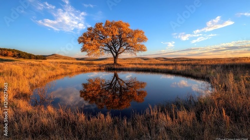 Autumn tree reflection in prairie pond at sunset