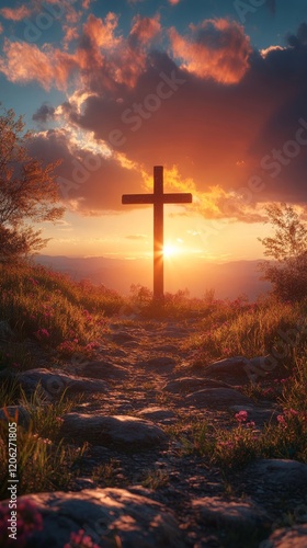 Sunset over hills with a cross standing along a winding path in serene nature