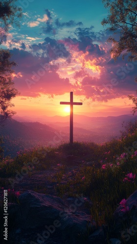 Sunset over hills with a cross standing along a winding path in serene nature
