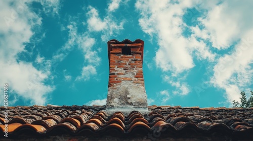 An upward shot of a rustic brick chimney set against a vibrant blue sky with scattered clouds, highlighting architectural simplicity and historical nostalgia. photo