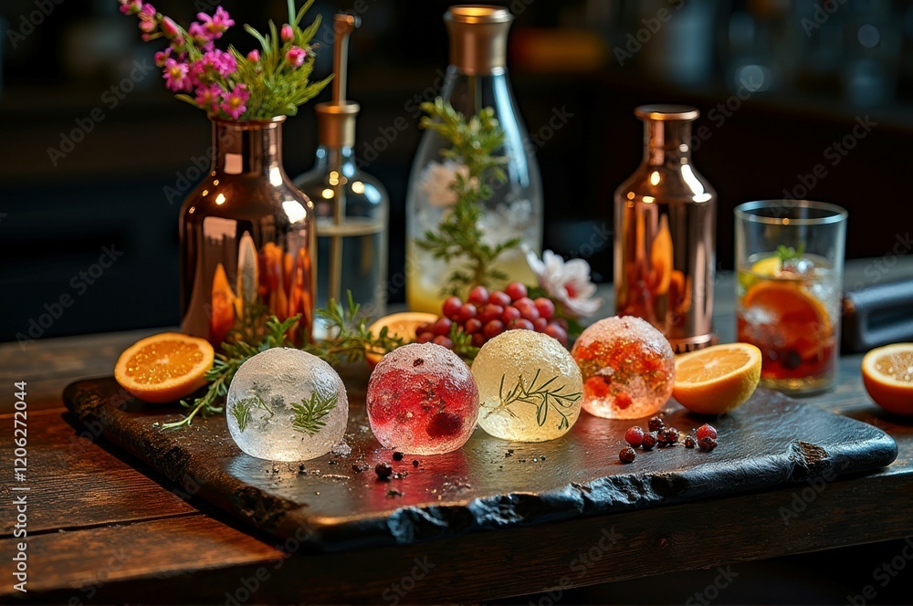 Elegant cocktail presentation with decorative ice spheres on rustic table Elegant cocktail presentation with decorative ice spheres on rustic table