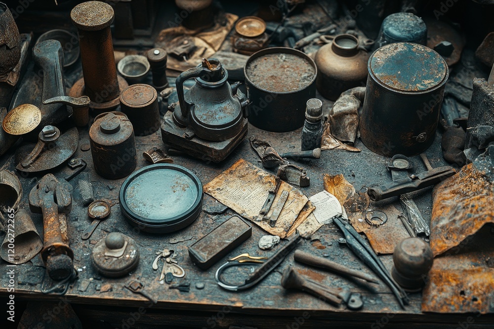 A Treasure Trove of Rusty Relics Antique Tools, Vessels, and Papers on a Weathered Workbench A Treasure Trove of Rusty Relics Antique Tools, Vessels, and Papers on a Weathered Workbench