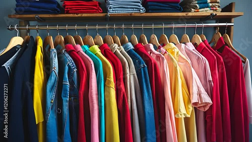Wallpaper Mural Colorful Assortment of Hanging Clothes on Wooden Hangers with Folded Jeans on a Shelf in a Closet

 Torontodigital.ca
