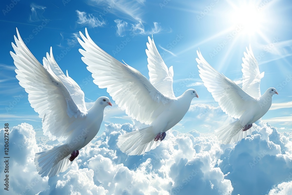 Obraz premium Three white doves soaring through a bright blue sky filled with fluffy clouds and sunlight