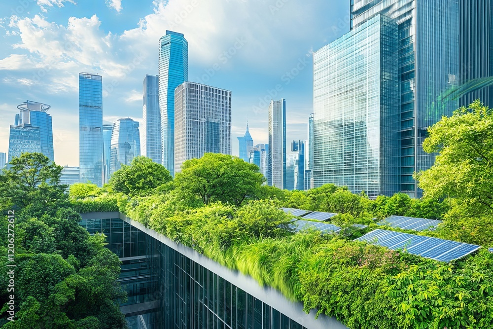 Obraz premium Modern Eco Cityscape Green Rooftop Solar Panels Sustainable Urban Architecture City Buildings Nature Environment day sky sun view blue clean trees glass power tower