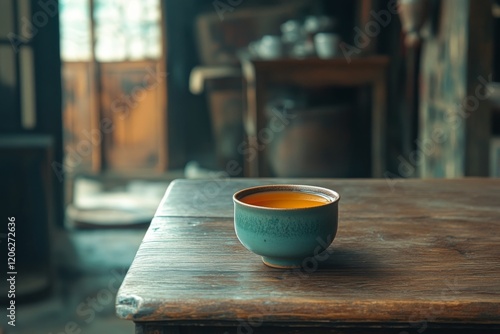 Warm cup of tea resting on a rustic wooden table in a cozy, sunlit room