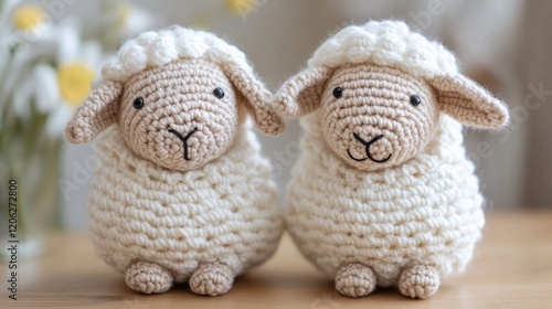 Two charming hand-knitted sheep toys sit side by side, their soft wooly forms conveying warmth, craftsmanship, and a sense of comforting innocence. photo