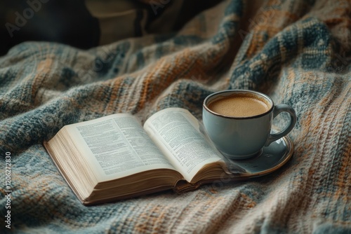 Enjoying a cozy morning with coffee and a book on a warm blanket