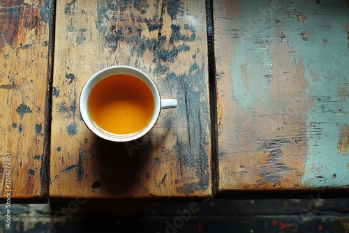 Warm cup of tea resting on a rustic wooden table in a cozy, sunlit room