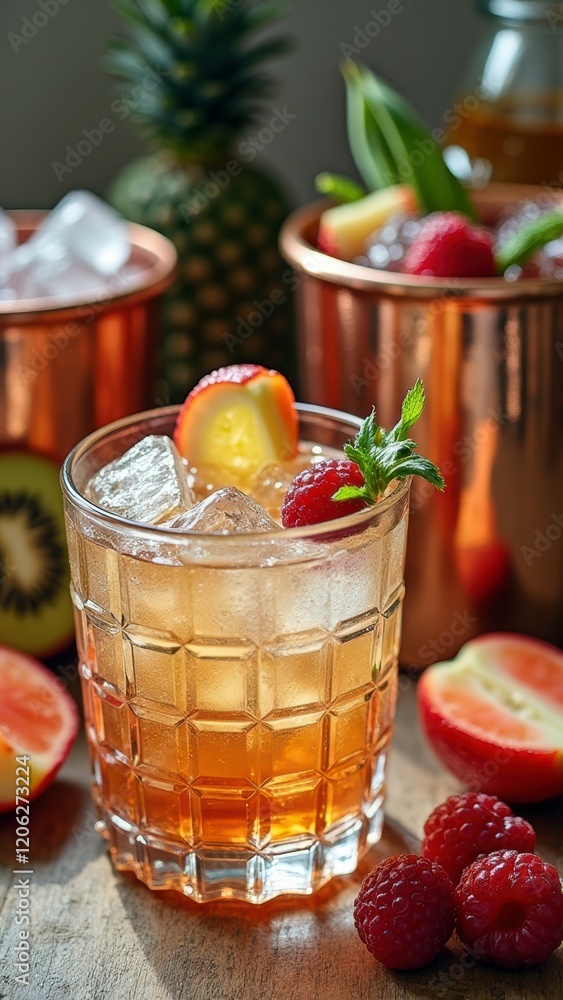 Refreshing summer cocktail with fruits and ice in a glass Refreshing summer cocktail with fruits and ice in a glass