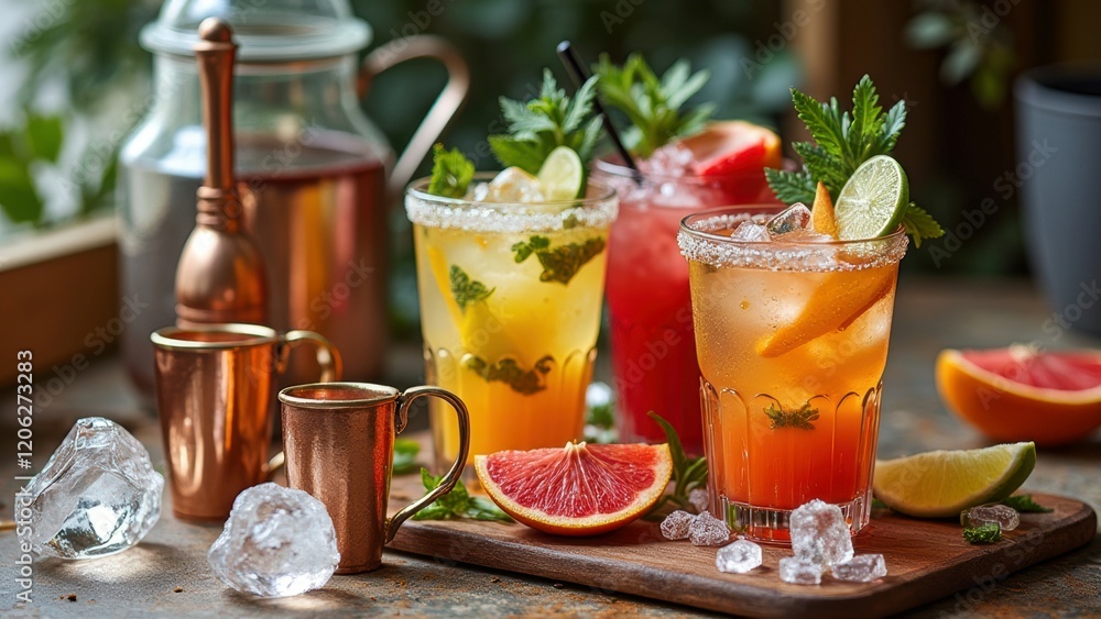 Refreshing citrus cocktails with lime and grapefruit garnishes and copper mugs Refreshing citrus cocktails with lime and grapefruit garnishes and copper mugs