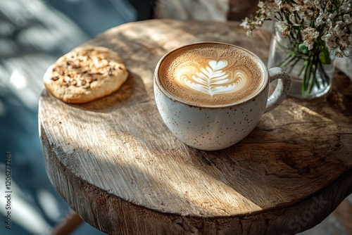 Coffee with latte art and cookie on wooden table in cozy cafe setting