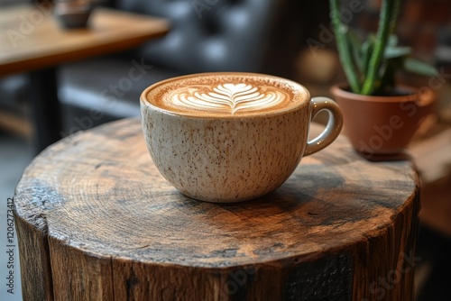 Coffee with latte art and cookie on wooden table in cozy cafe setting