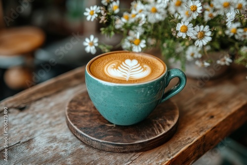 Coffee with latte art and cookie on wooden table in cozy cafe setting