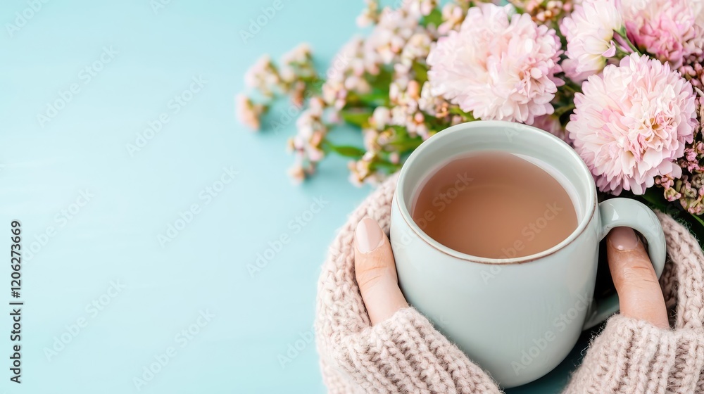 Woman's hands in warm knit gloves hold a mug of tea near pink flowers on a blue background; cozy autumn scene; ideal for blogs Woman's hands in warm knit gloves hold a mug of tea near pink flowers on a blue background; cozy autumn scene; ideal for blogs