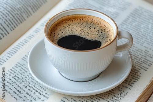 Warm cup of coffee resting on an open book in a cozy study space