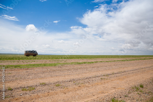 Off-road vehicles in remote region of Mongolia. Gobi desert area