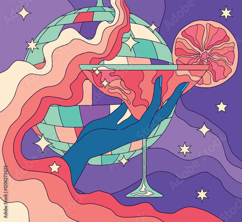 retro style, hand with cocktail, bright colors, disco party	