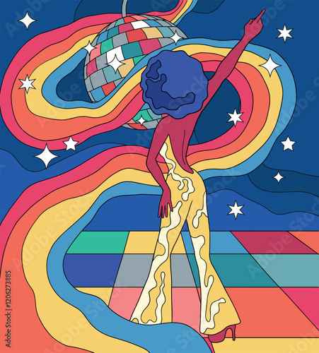 retro style, disco dance illustration, bright vibrant colors, dancing woman	