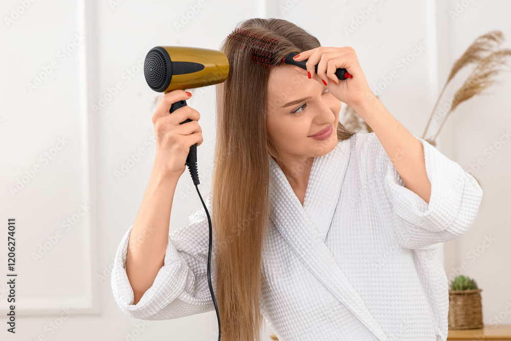 Beautiful woman drying her hair with round brush in bathroom Beautiful woman drying her hair with round brush in bathroom