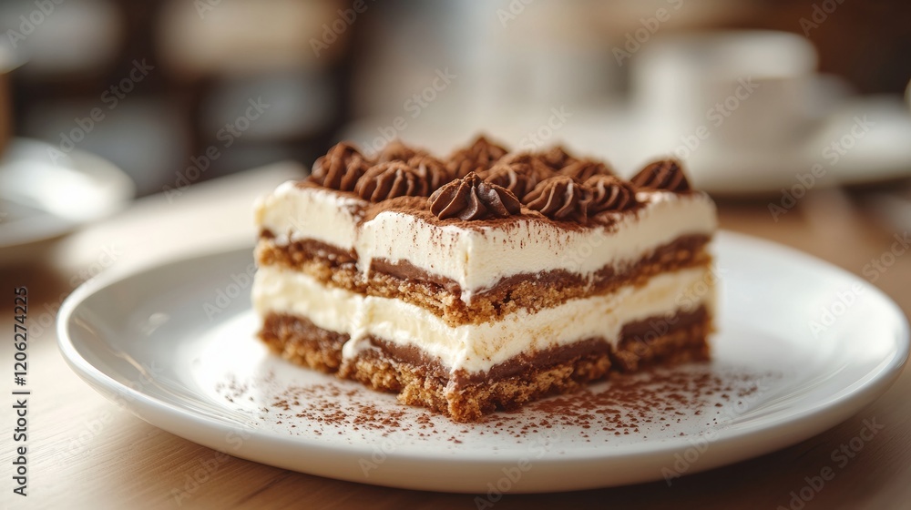 A tempting dessert with layers of cream and chocolate, elegantly topped with chocolate swirls, served on a white plate, dusted with cocoa powder. A tempting dessert with layers of cream and chocolate, elegantly topped with chocolate swirls, served on a white plate, dusted with cocoa powder.