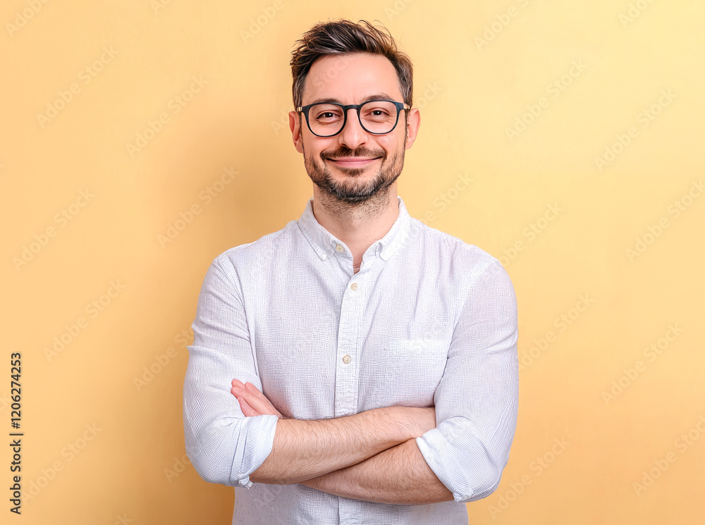 Confident Man Portrait: A friendly, stylish man with a beard and glasses smiles warmly at the camera, arms crossed. Confident Man Portrait: A friendly, stylish man with a beard and glasses smiles warmly at the camera, arms crossed.