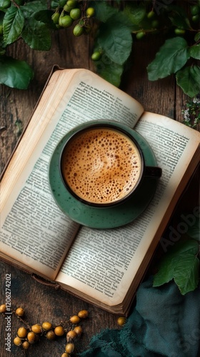 Cozy coffee moment with a cup and an open book on a textured surface