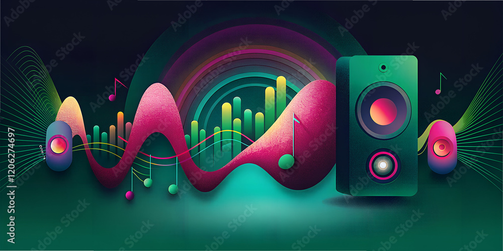 Obraz premium Vibrant music art featuring an equalizer design and speakers highlighting sound waves and musical notes